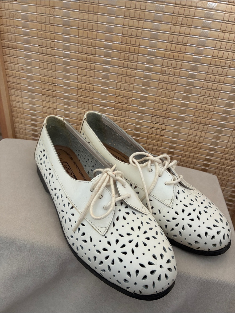 Women's Leather Collection Cream Laser-Cut Lace-Up Flats